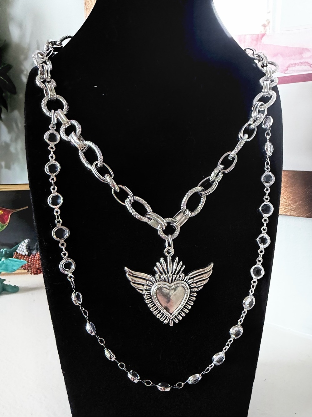 Layered Silver Winged Heart Necklace - Women Jewelry